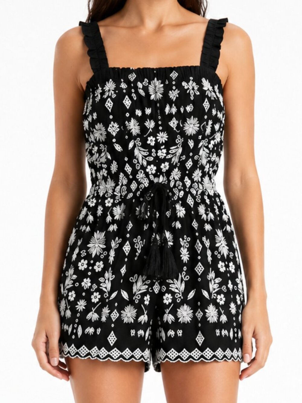 Intermix Maron Embroidered Romper S Black White Floral Tassel NWT